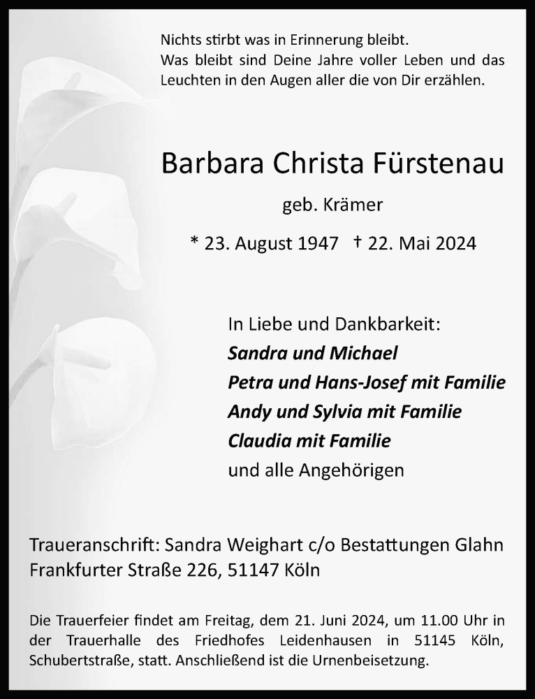  Traueranzeige für Barbara Christa Fürstenau vom 07.06.2024 aus  EXPRESS - Die Woche 