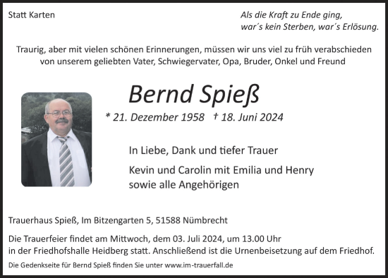 Anzeige von Bernd Spieß von  Lokalanzeiger 