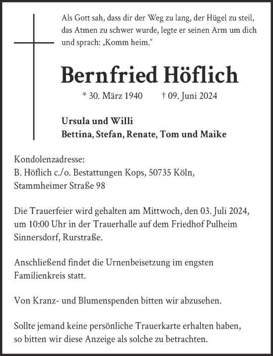 Anzeige von Bernfried Höflich von  Wochenende 