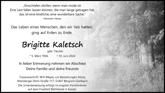 Anzeige von Brigitte Kaletsch von Kölner Stadt-Anzeiger / Kölnische Rundschau / Express