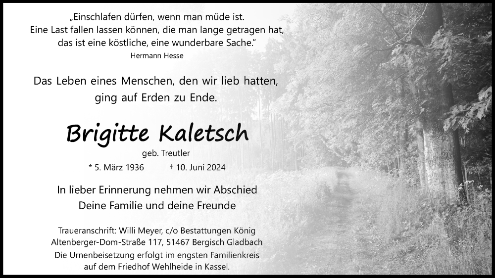  Traueranzeige für Brigitte Kaletsch vom 15.06.2024 aus Kölner Stadt-Anzeiger / Kölnische Rundschau / Express