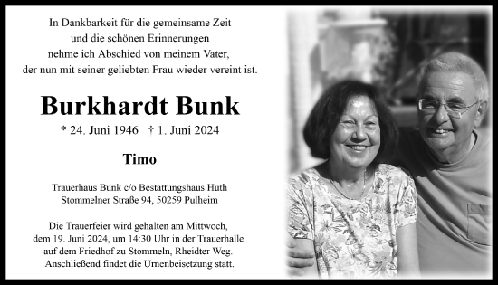 Anzeige von Burkhardt Bunk von  Wochenende 