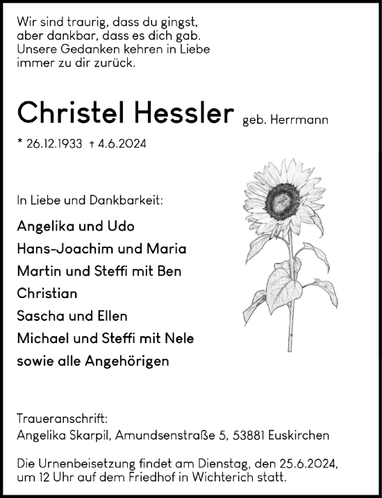Anzeige von Christel Hessler von  Blickpunkt Euskirchen 