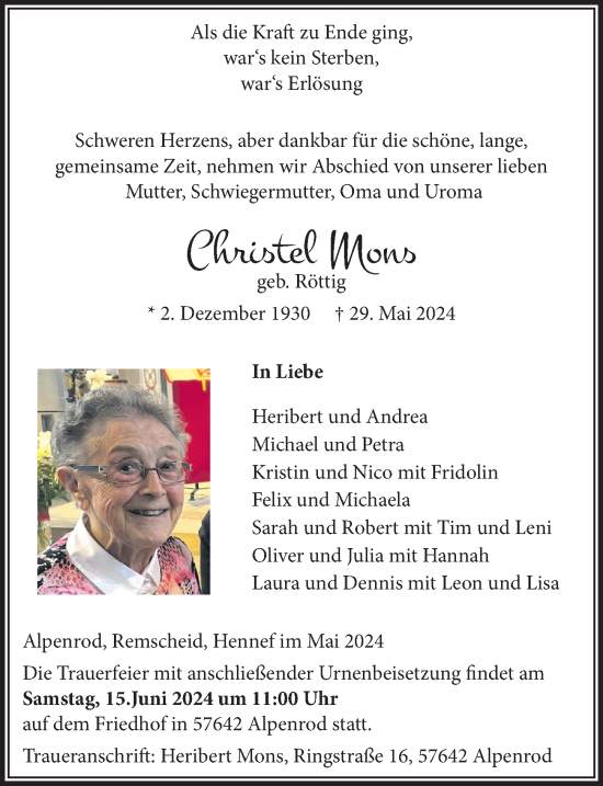 Anzeige von Christel Mons von  Extra Blatt 