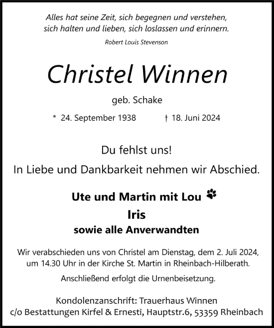 Anzeige von Christel Winnen von  Schaufenster/Blickpunkt 