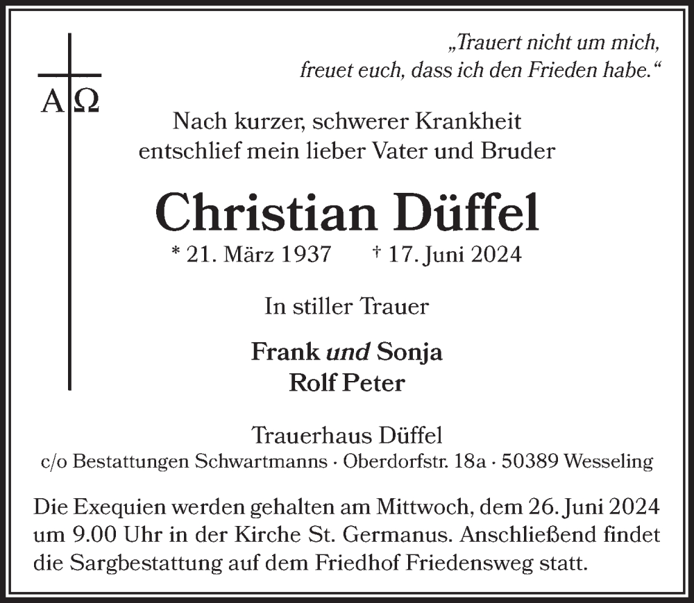  Traueranzeige für Christian Düffel vom 21.06.2024 aus  Schaufenster/Blickpunkt  Schlossbote/Werbekurier 