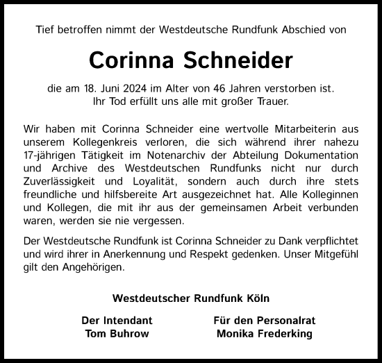 Anzeige von Corinna Schneider von Kölner Stadt-Anzeiger / Kölnische Rundschau / Express