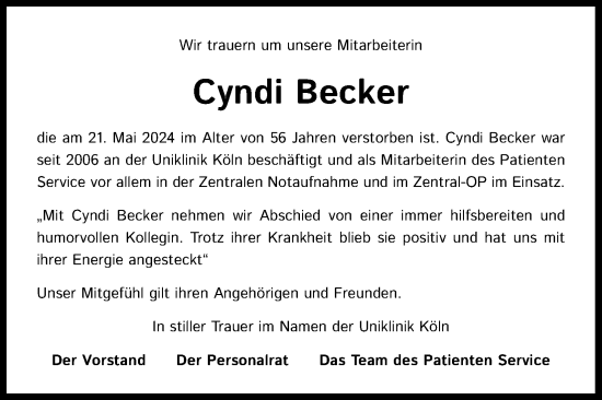 Anzeige von Cyndi Becker von Kölner Stadt-Anzeiger / Kölnische Rundschau / Express