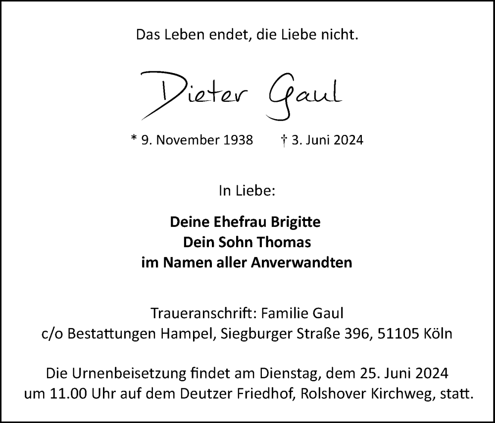  Traueranzeige für Dieter Gaul vom 15.06.2024 aus Kölner Stadt-Anzeiger / Kölnische Rundschau / Express