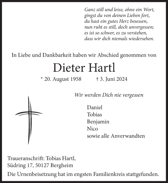Anzeige von Dieter Hartl von  Werbepost 