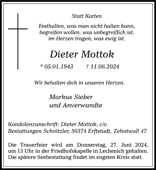 Anzeige von Dieter Mottok von  Werbepost 