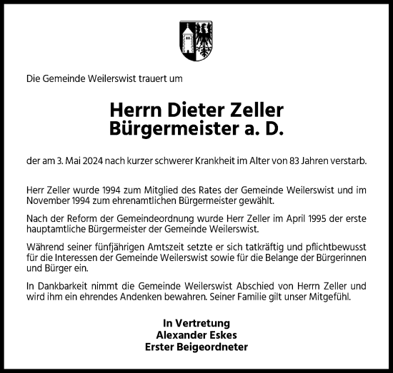 Anzeige von Dieter Zeller von Kölner Stadt-Anzeiger / Kölnische Rundschau / Express