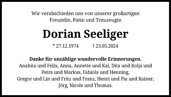 Anzeige von Dorian Seeliger von Kölner Stadt-Anzeiger / Kölnische Rundschau / Express