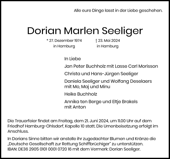 Anzeige von Dorian Marlen Seeliger von Kölner Stadt-Anzeiger / Kölnische Rundschau / Express