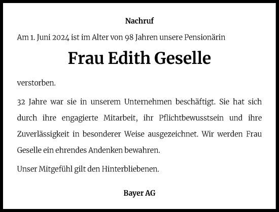 Anzeige von Edith Geselle von Kölner Stadt-Anzeiger / Kölnische Rundschau / Express