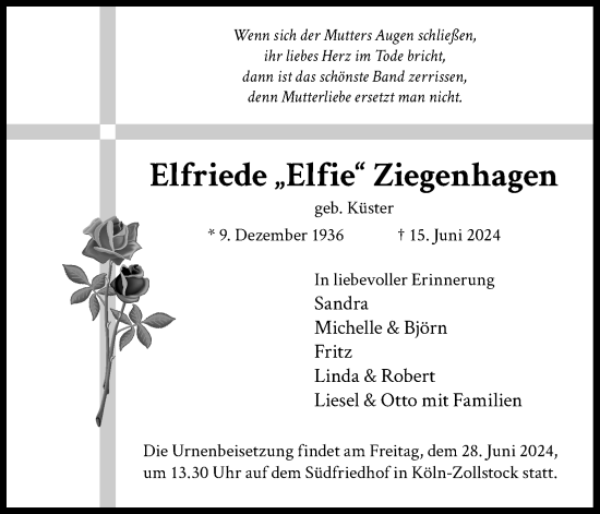 Anzeige von Elfriede Ziegenhagen von Kölner Stadt-Anzeiger / Kölnische Rundschau / Express