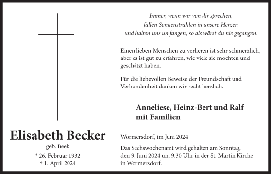 Anzeige von Elisabeth Becker von  Schaufenster/Blickpunkt 