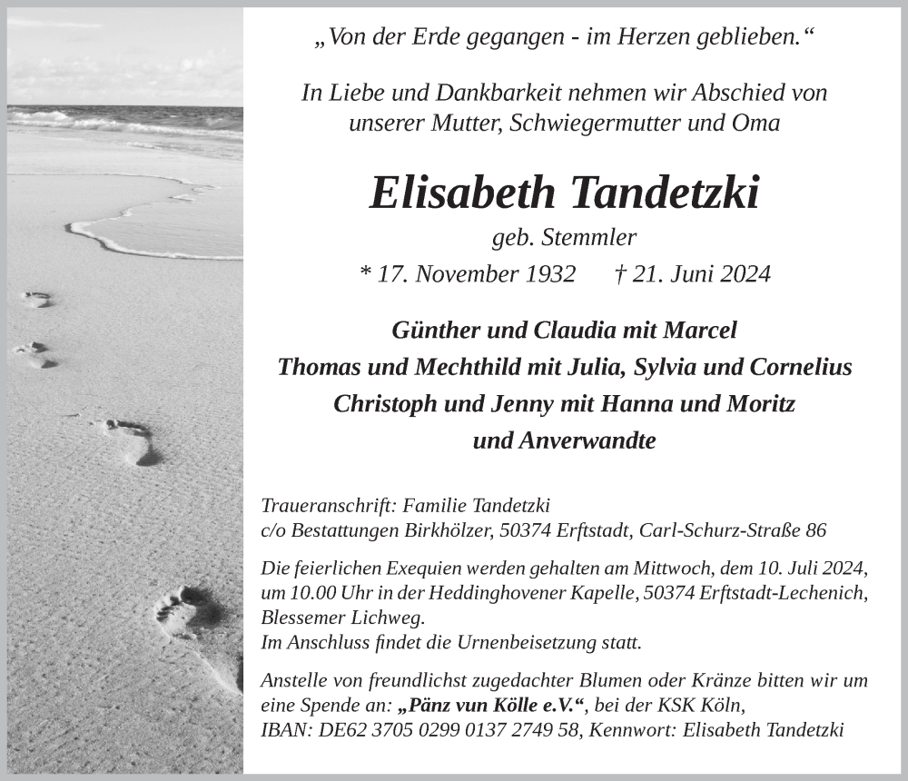  Traueranzeige für Elisabeth Tandetzki vom 28.06.2024 aus  Werbepost 
