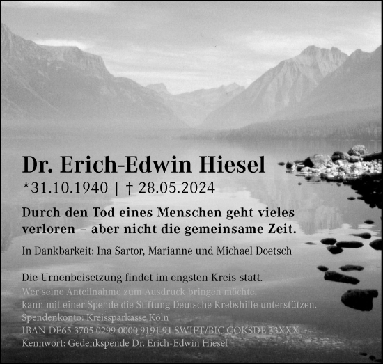 Anzeige von Erich-Edwin Hiesel von Kölner Stadt-Anzeiger / Kölnische Rundschau / Express