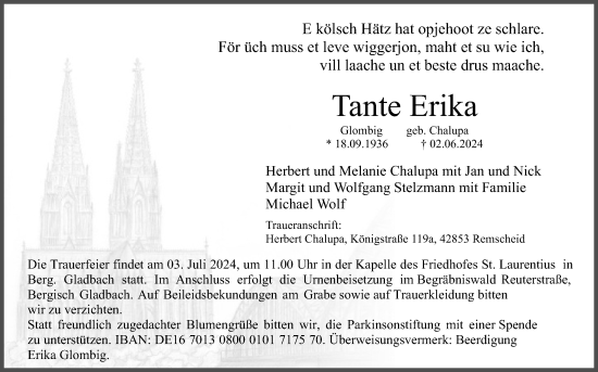 Anzeige von Erika Glombig von Kölner Stadt-Anzeiger / Kölnische Rundschau / Express