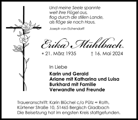 Anzeige von Erika Mühlbach von  Bergisches Handelsblatt 