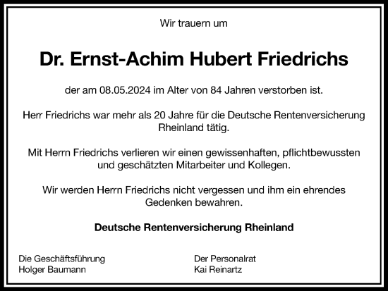 Anzeige von Ernst-Achim Hubert Friedrichs von Kölner Stadt-Anzeiger / Kölnische Rundschau / Express