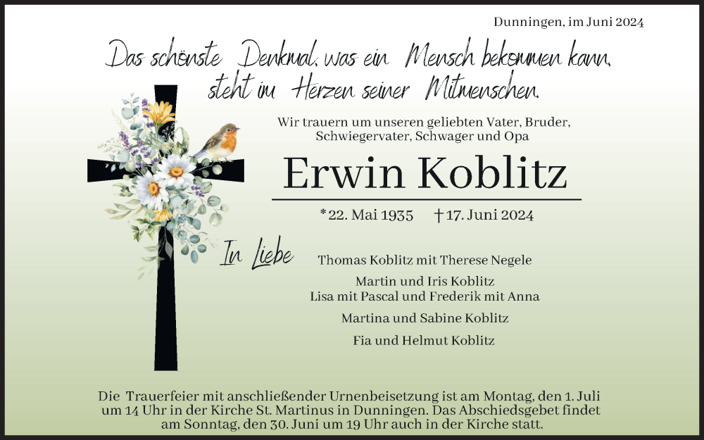  Traueranzeige für Erwin Koblitz vom 25.06.2024 aus Kölner Stadt-Anzeiger / Kölnische Rundschau / Express