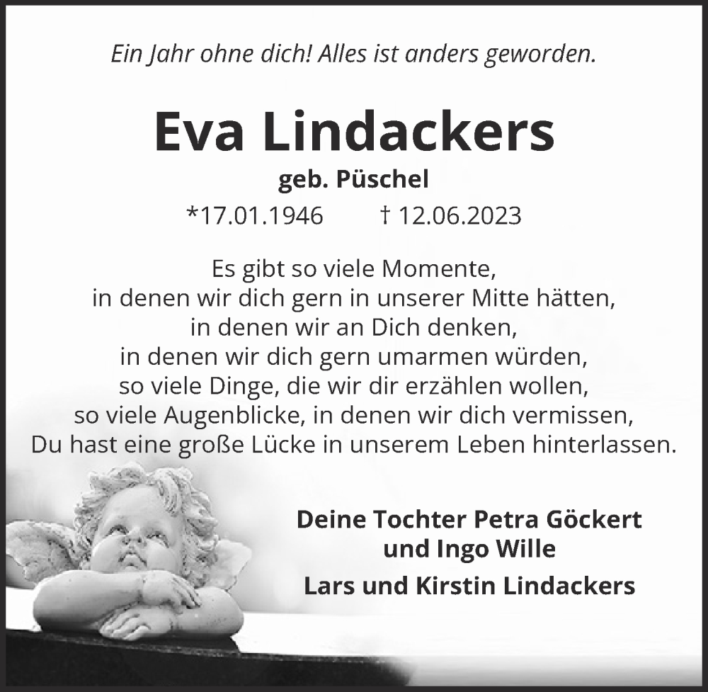  Traueranzeige für Eva Lindackers vom 18.07.2023 aus  EXPRESS - Die Woche 