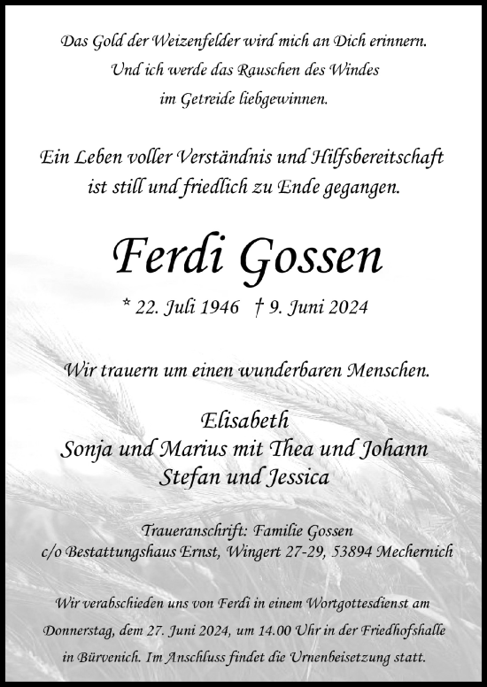 Anzeige von Ferdi Gossen von  Blickpunkt Euskirchen 