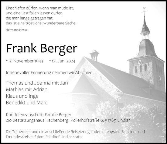 Anzeige von Frank Berger von  Anzeigen Echo 