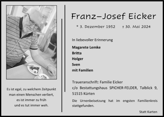 Anzeige von Franz-Josef Eicker von  Bergisches Handelsblatt 