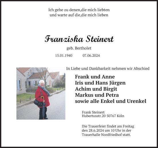 Anzeige von Franziska Steinert von Kölner Stadt-Anzeiger / Kölnische Rundschau / Express