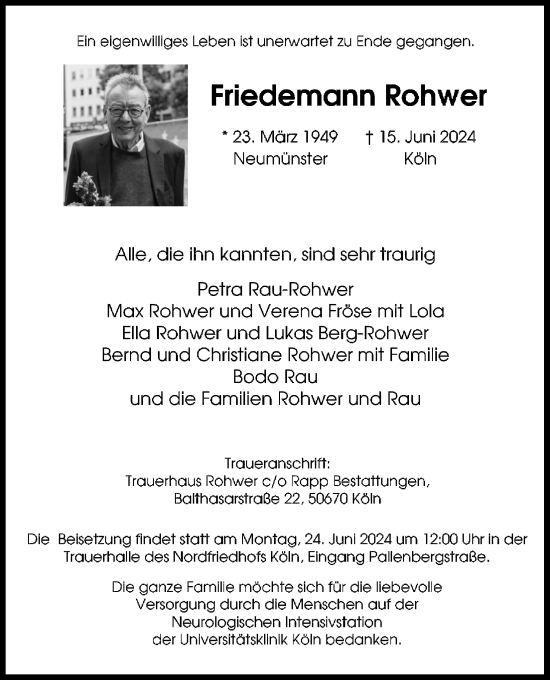 Anzeige von Friedemann Rohwer von Kölner Stadt-Anzeiger / Kölnische Rundschau / Express