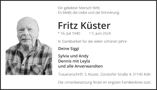 Anzeige von Fritz Küster von  EXPRESS - Die Woche 