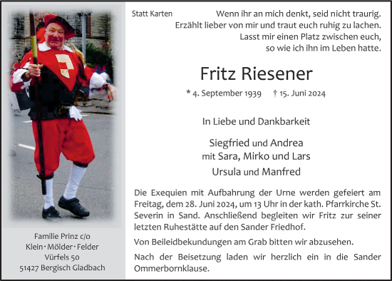 Anzeige von Fritz Riesener von  Bergisches Handelsblatt 