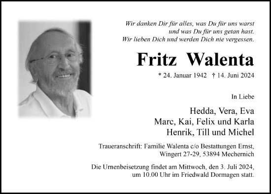 Anzeige von Fritz Walenta von  Blickpunkt Euskirchen 