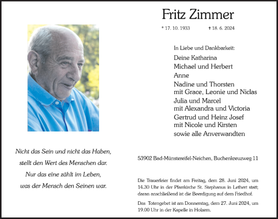 Anzeige von Fritz Zimmer von  Blickpunkt Euskirchen 