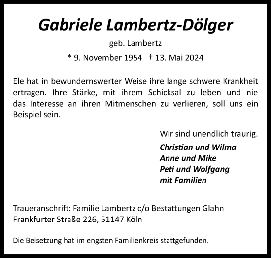 Anzeige von Gabriele Lambertz-Dölger von Kölner Stadt-Anzeiger / Kölnische Rundschau / Express