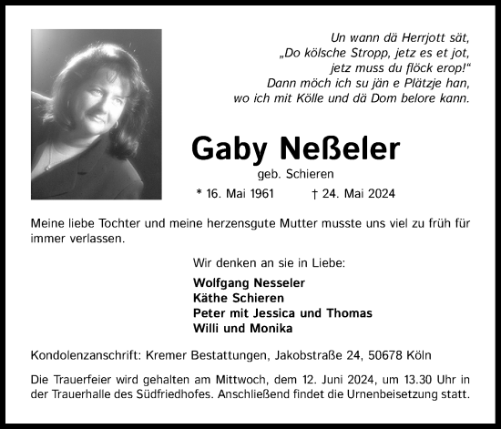 Anzeige von Gaby Neßeler von Kölner Stadt-Anzeiger / Kölnische Rundschau / Express