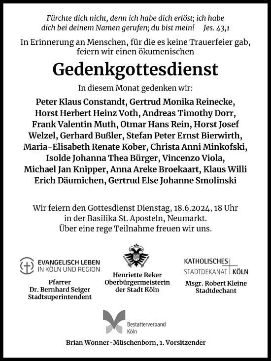 Anzeige von Gedenkgottesdienst  von Kölner Stadt-Anzeiger / Kölnische Rundschau / Express