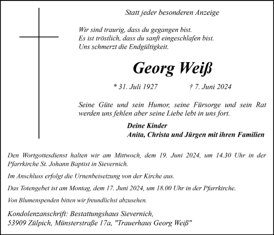 Anzeige von Georg Weiß von  Blickpunkt Euskirchen 
