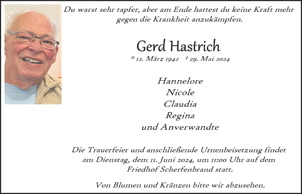  Traueranzeige für Gerd Hastrich vom 07.06.2024 aus  Lokale Informationen 