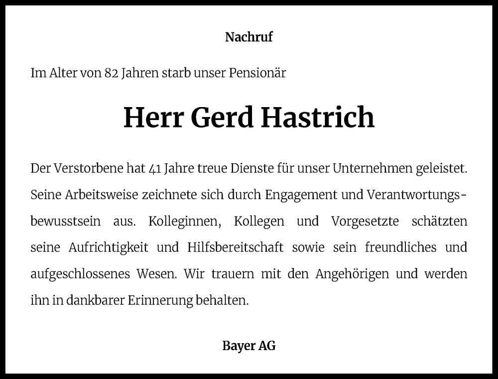  Traueranzeige für Gerd Hastrich vom 10.06.2024 aus Kölner Stadt-Anzeiger / Kölnische Rundschau / Express