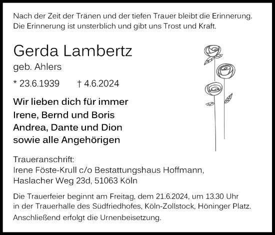 Anzeige von Gerda Lambertz von Kölner Stadt-Anzeiger / Kölnische Rundschau / Express