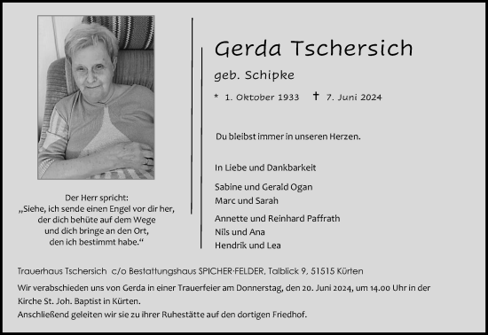 Anzeige von Gerda Tschersich von Kölner Stadt-Anzeiger / Kölnische Rundschau / Express