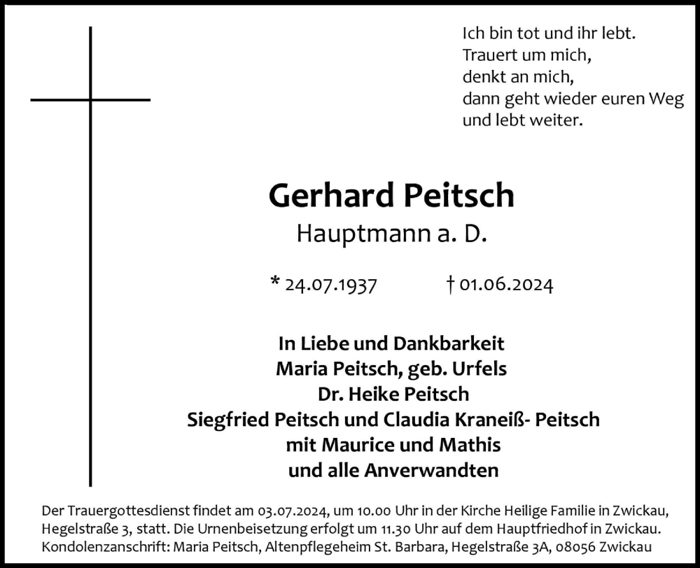  Traueranzeige für Gerhard Peitsch vom 13.06.2024 aus Kölner Stadt-Anzeiger / Kölnische Rundschau / Express