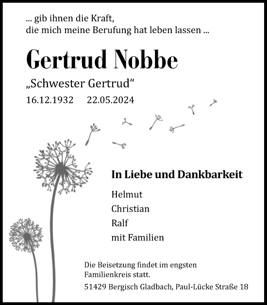 Anzeige von Gertrud Nobbe von Kölner Stadt-Anzeiger / Kölnische Rundschau / Express