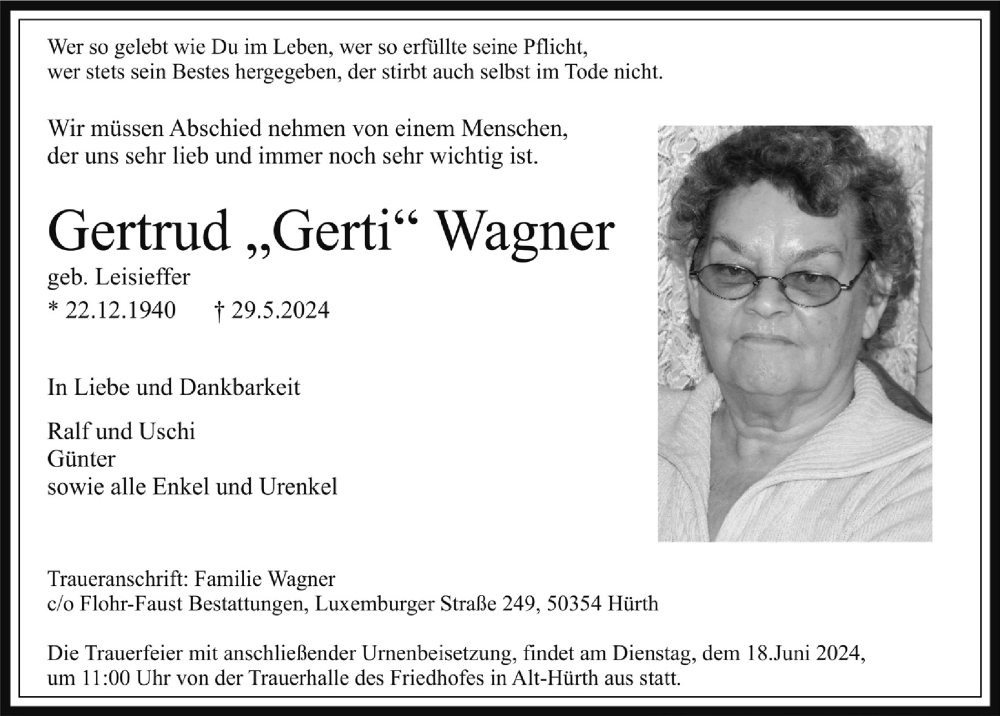  Traueranzeige für Gertrud Wagner vom 14.06.2024 aus  Wochenende 