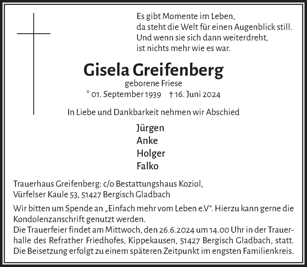  Traueranzeige für Gisela Greifenberg vom 21.06.2024 aus  Bergisches Handelsblatt 