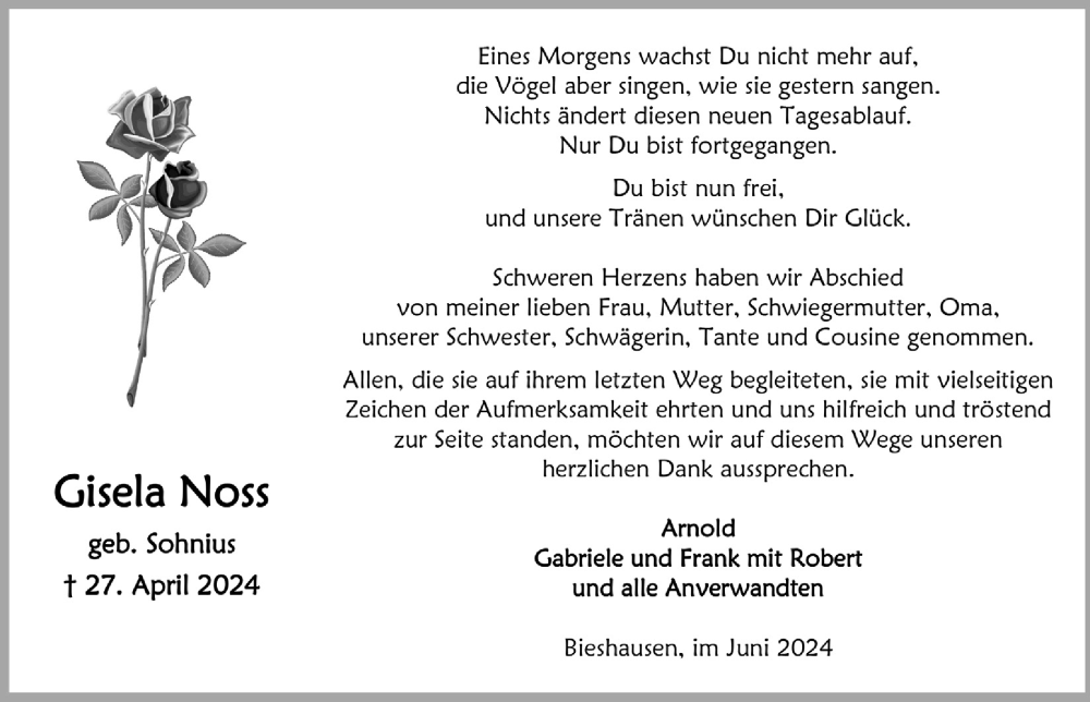  Traueranzeige für Gisela Noss vom 28.06.2024 aus  Lokalanzeiger 